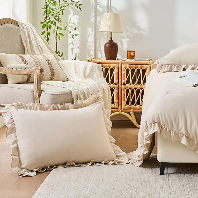 FUANNA King Size Comforter Set Beige, 3 Pieces Ruffle King Bedding Set - Image 6