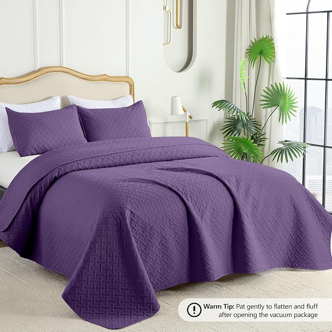 FLYMME Twin Quilt Set, Lightweight Purple Bedspreads, Basket Weave Pattern - Image 2