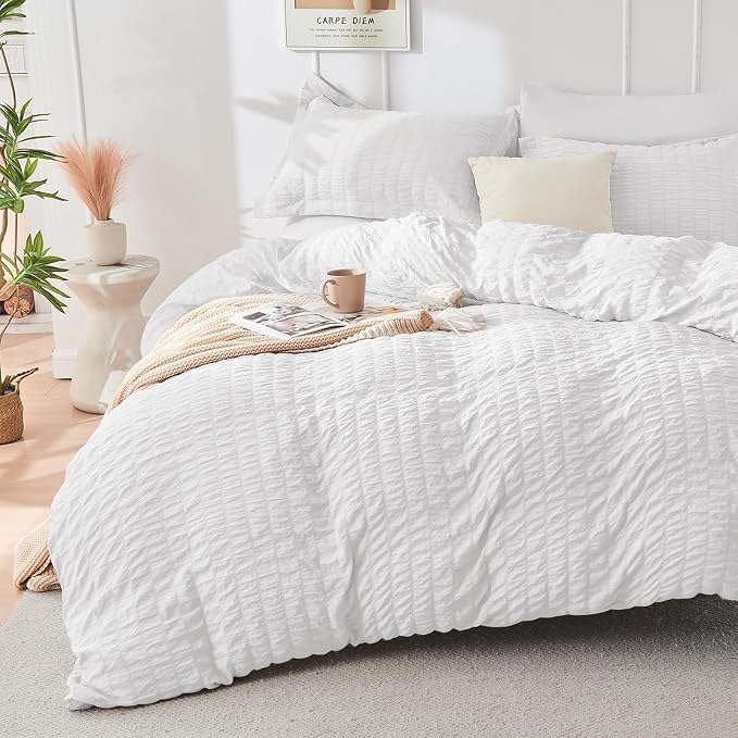 HYMOKEGE White California King Comforter Set Seersucker 7 Pieces, All Season - Image 2
