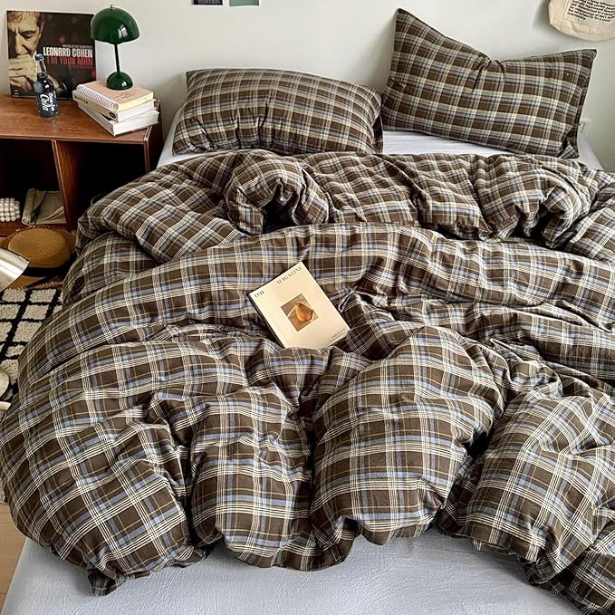 PinkMemory Brown Blue Gingham Buffalo Plaid Duvet Cover King 100% Washed Cotton by PinkMemory
