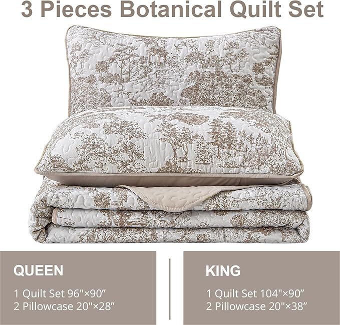 WONGS BEDDING Botanical Quilt Set Queen Size, Khaki 3 Pieces Toile Floral - Image 6