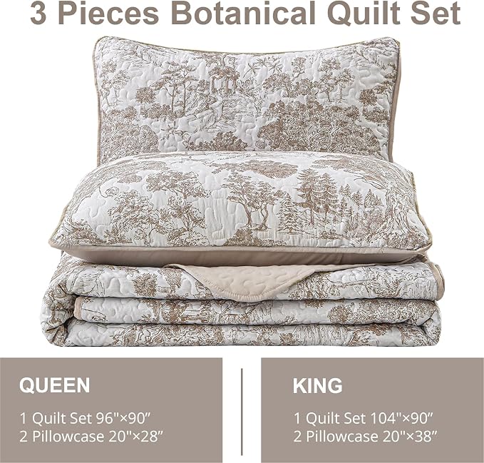 WONGS BEDDING Botanical Quilt Set King, Floral 3 Pieces Khaki Plants Printed - Image 6