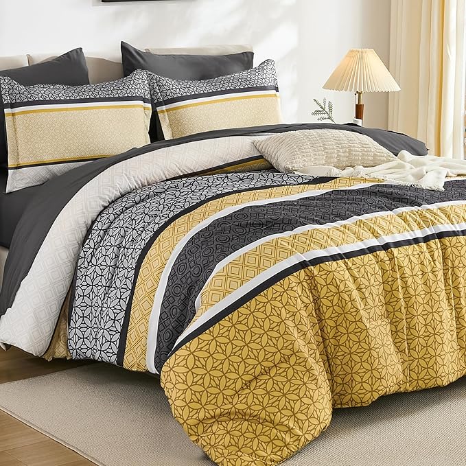 WONGS BEDDING Yellow Grey Queen Comforter Set 7 Pieces, Boho Striped Bed in a by WONGSBEDDING