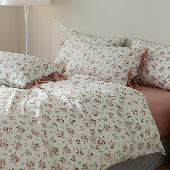 mixinni Vintage Style Girls Pale Pink Flower Pattern Duvet Cover Twin Soft - Image 5