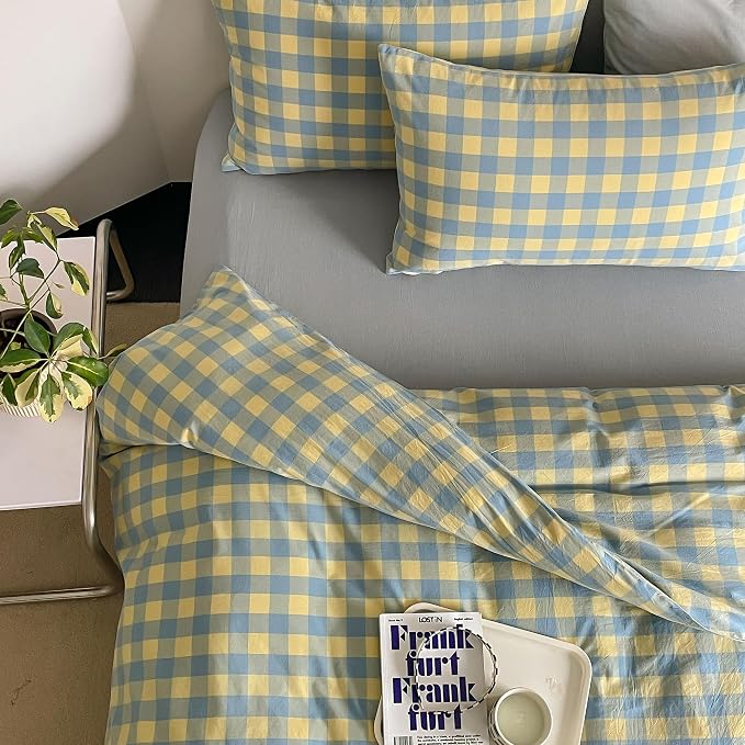 mixinni Yellow Blue Green Checkered Duvet Cover Set by mixinni