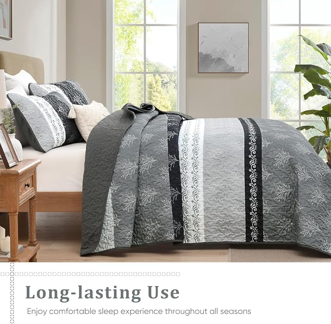 DJY Gray Quilt Set Queen Size Boho Striped Patchwork Bedspread Coverlet - Image 4