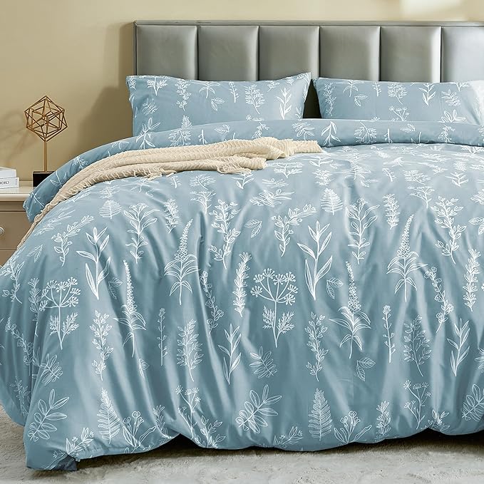 MUXHOMO Duvet Cover Queen Size, Reversible Floral Mineral Blue Duvet Cover Set by MUXHOMO