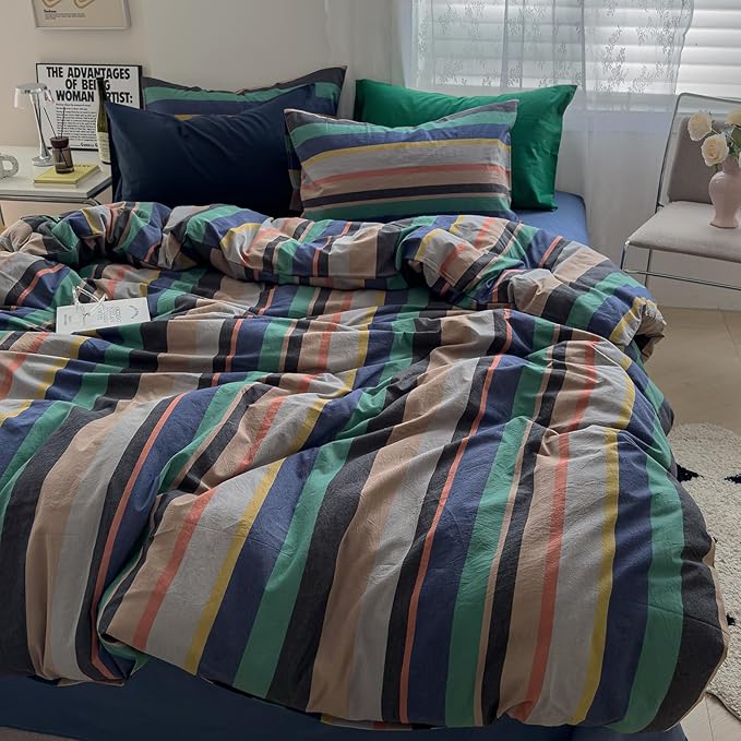 mixinni Blue Striped Duvet Cover Twin XL 100% Washed Cotton 3 Pcs Vintage - Image 3