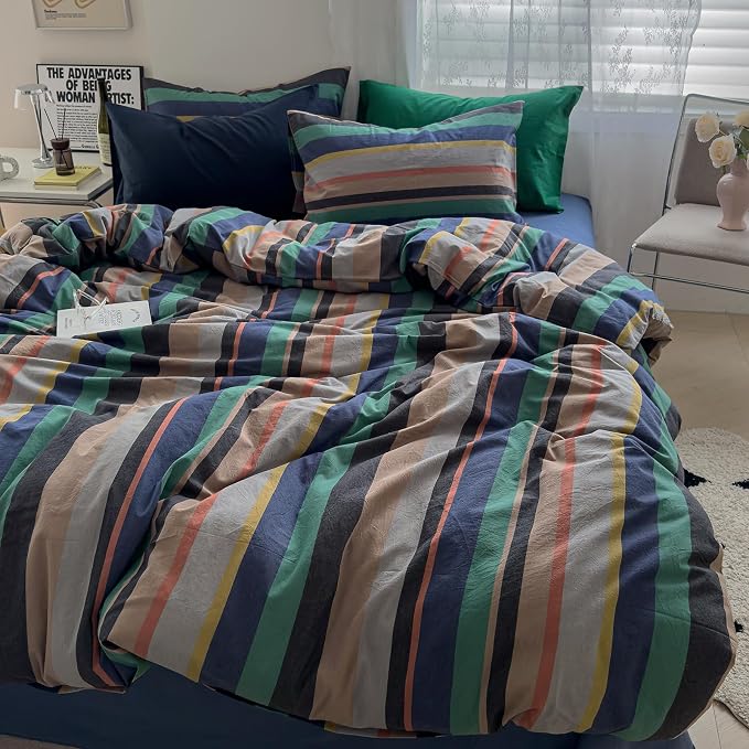 mixinni Vintage Striped Duvet Cover Queen Size 100% Washed Cotton 3 Piece - Image 3