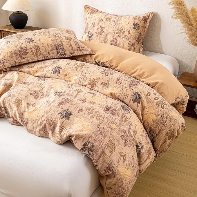 OAITE Brown Leaves Queen Size Duvet Cover-3 Pieces Prewashed Cotton-Like - Image 5