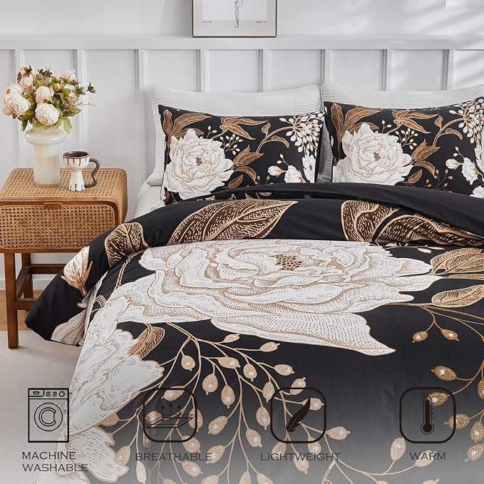 MKXI Bold Floral Black Duvet Cover Full Bedding Set Luxurious Premium Cotton - Image 2