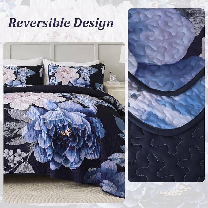 WONGS BEDDING Navy Boho Floral Quilt Set Queen, Elegant Blue Flower Bedspread - Image 4