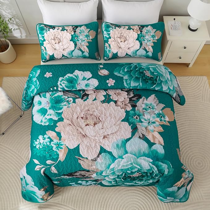 WONGS BEDDING Teal Boho Floral Quilt Set Queen, Elegant Flower Bedspread - Image 3