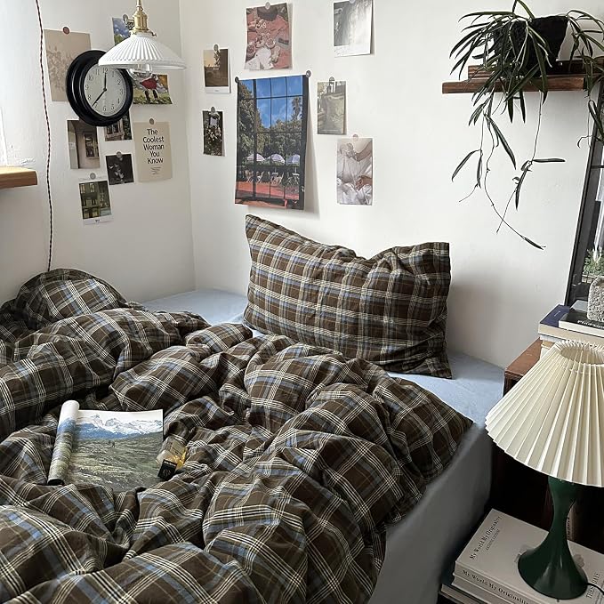 mixinni Vintage Brown & Blue Buffalo Plaid Duvet Cover Set King Size - Image 5