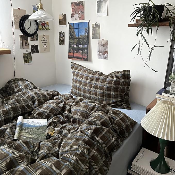 mixinni Vintage Brown & Blue Buffalo Plaid Duvet Cover Set Twin Size - Image 5