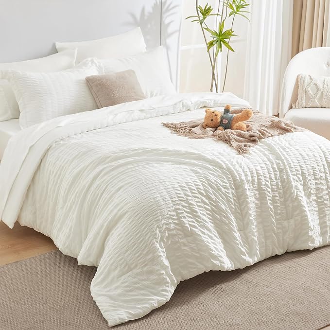 CozyLux Queen Comforter Set Ivory Seersucker 7 Pieces Bed in a Bag Queen - Image 9