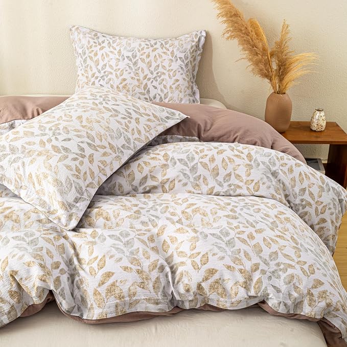 OAITE Coffee Leaves Twin Size Duvet Cover-3 Pieces Prewashed Cotton-Like - Image 3