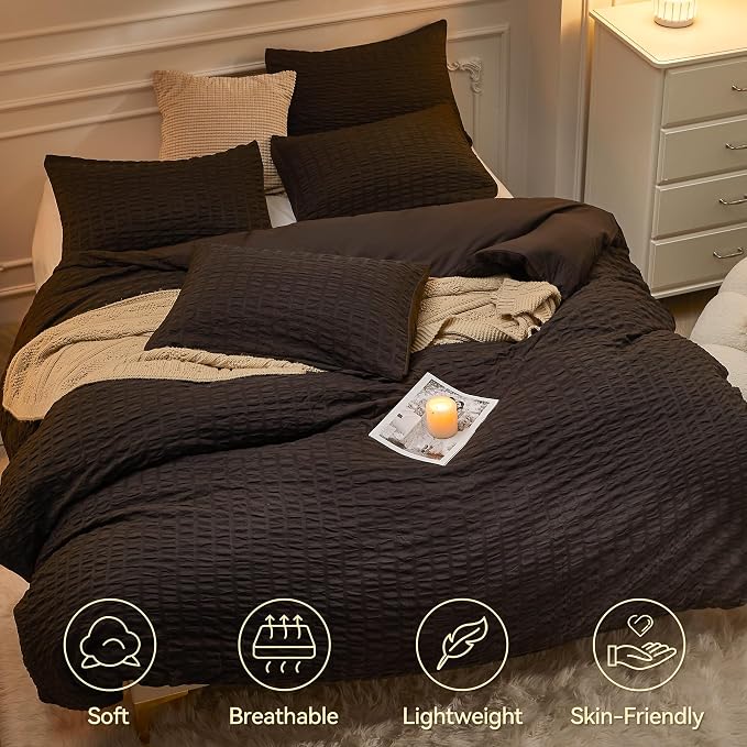 JELLYMONI Black Duvet Cover King Size, Soft Breathable Seersucker Duvet Cover - Image 2