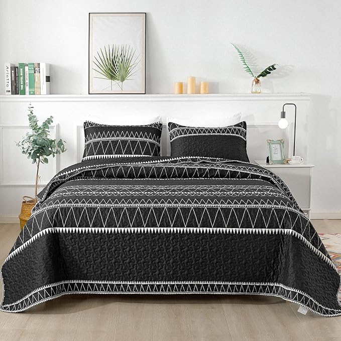 Andency Black Oversized King Quilt Set, 3 Pieces Boho Lightweight Soft Striped by Andency