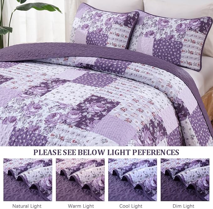 Anibedding Floral Patchwork Quilts Queen Size, 3Pieces Boho Farmhouse Floral - Image 8