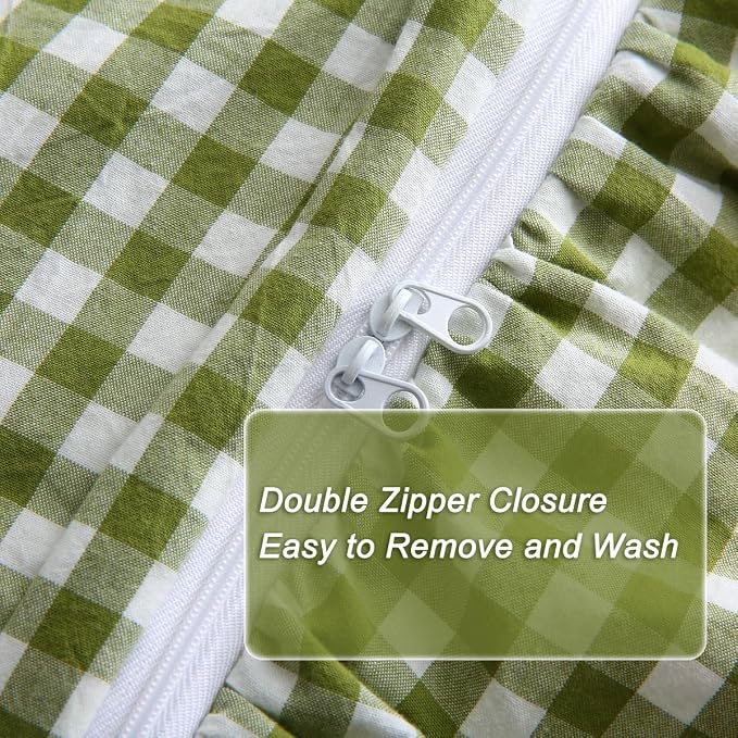 Silnuo Olive Green/White Checkered Ruffle 3-Piece Duvet Cover Set Twin Size - Image 6