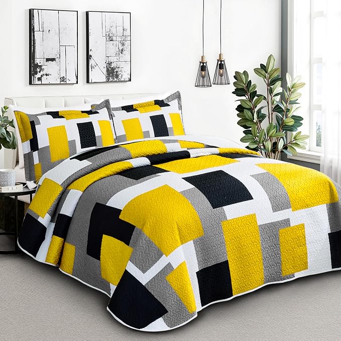 Tyrot 3 Piece Yellow Grey Quilt Set Full/Queen Size Yellow Gray White Geometric - Image 2