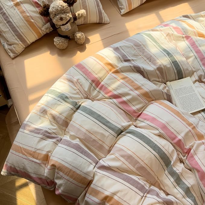 mixinni Vintage Striped Duvet Cover Set Queen, 3-Piece 100% Washed Cotton - Image 3