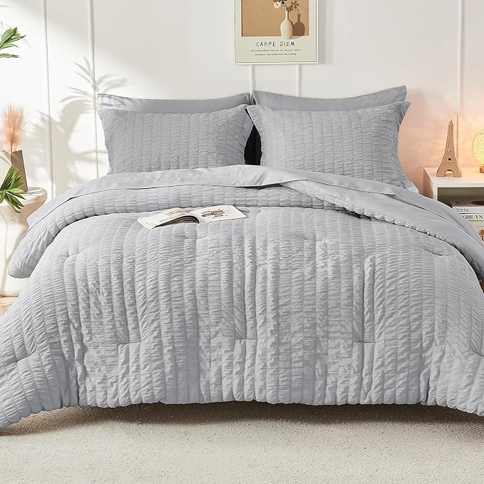 HYMOKEGE Light Grey California King Comforter Set Seersucker 7 Pieces, All - Image 9