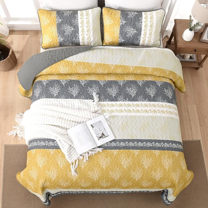 DJY Yellow Boho Quilt Set King Size, Striped Floral Yellow and Grey Bedspread - Image 3