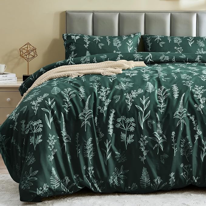 MUXHOMO Duvet Cover Queen Size, Reversible Floral Forest Green Duvet Cover Set by MUXHOMO