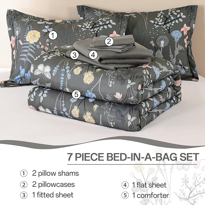 Yiran 7 Piece Grey Floral Comforter Set King Size, Botanical Flowers Bed in a - Image 8