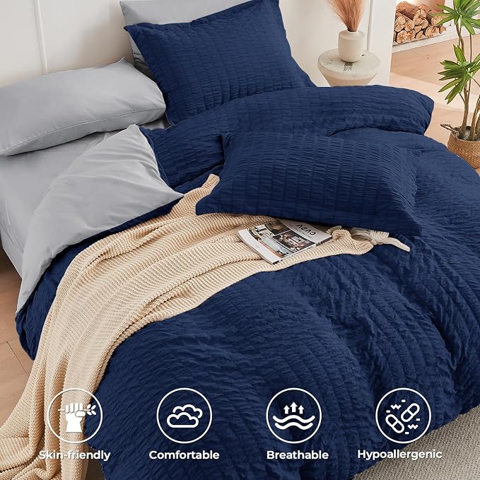 HYMOKEGE Navy Blue/Light Grey California King Comforter Set Seersucker 7 Pieces - Image 3
