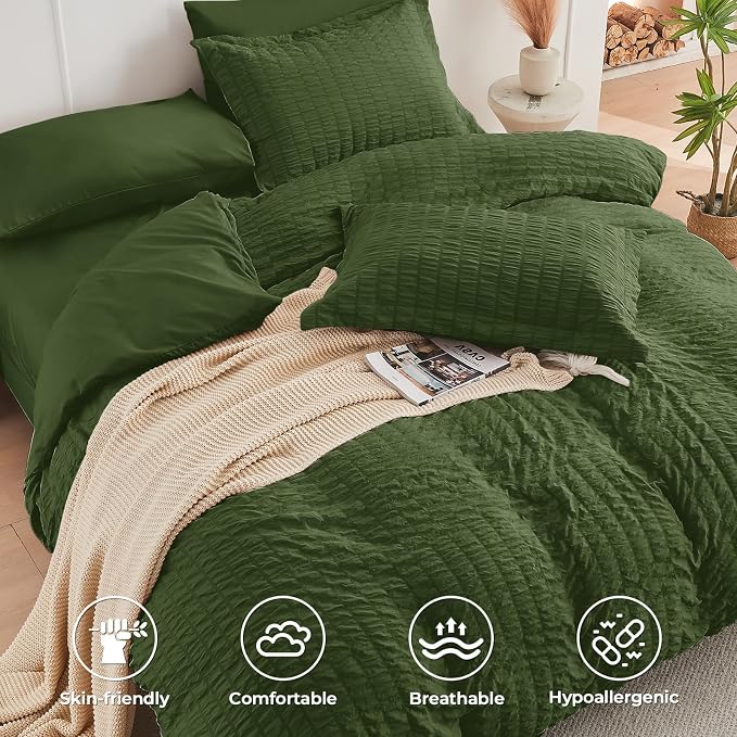 HYMOKEGE Olive Green California King Comforter Set Seersucker 7 Pieces - Image 3