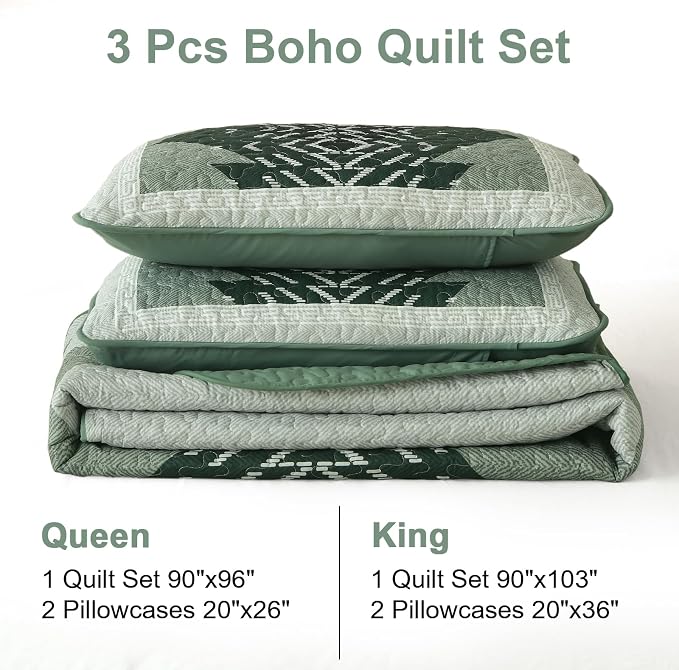 Dintszyayue Green Boho Quilt Set King Size, 3 Piece Aztec Texture Bedspread - Image 8