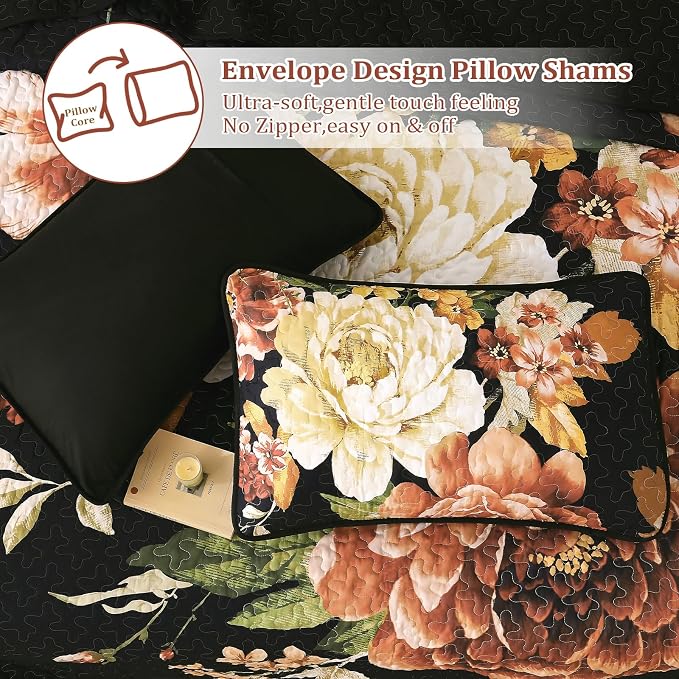 WONGS BEDDING Black Boho Floral Quilt Set King, 3 Pieces Elegant Gold Flower - Image 6