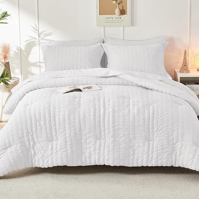 HYMOKEGE White California King Comforter Set Seersucker 7 Pieces, All Season - Image 9