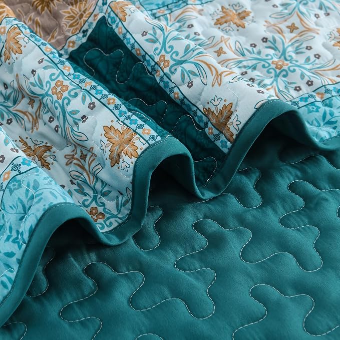 Xruibed Teal Quilt Set Queen Size 3 Pieces Plaid Floral Boho Bedspread Coverlet - Image 7