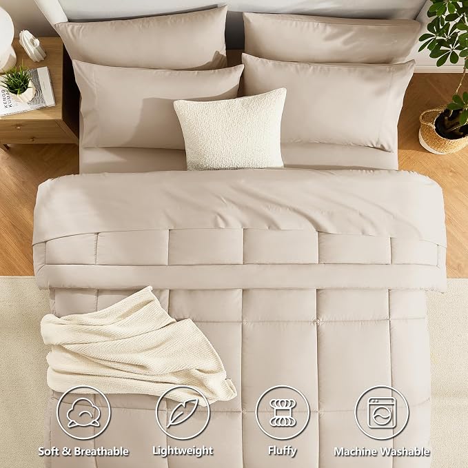 CozyLux Full Size Comforter Set Wheat, 7 Pieces Bed in a Bag, Wheat Comforter - Image 2