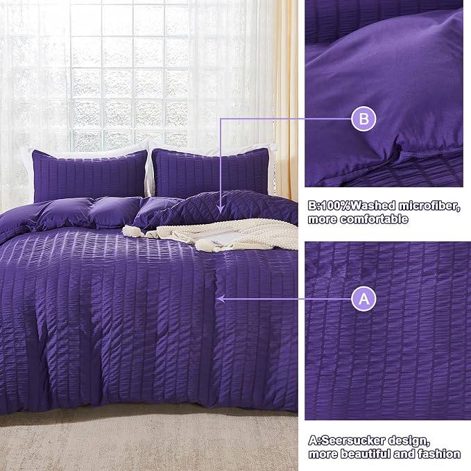 AveLom Dark Purple Duvet Cover King, 3 Pieces, Seersucker Striped Soft Washed - Image 5