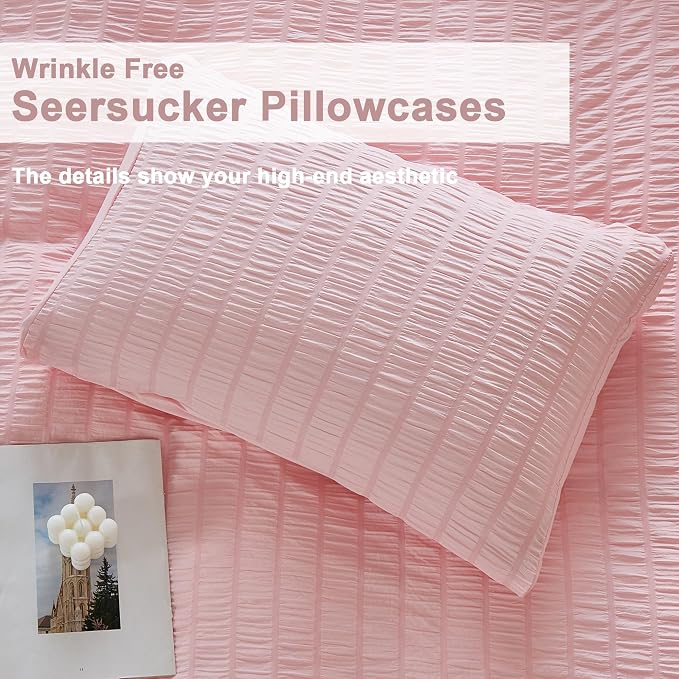 AveLom Blush Pink Seersucker Duvet Cover Set Full Size, 3 Pieces, Ultra Soft - Image 6