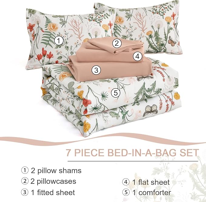 Yiran 7 Piece Floral Comforter Set Queen Size, Botanical Bed in a Bag - Image 7