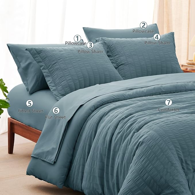 CozyLux King Size Comforter Set Mineral Blue Seersucker 7 Pieces Bed in a Bag - Image 8