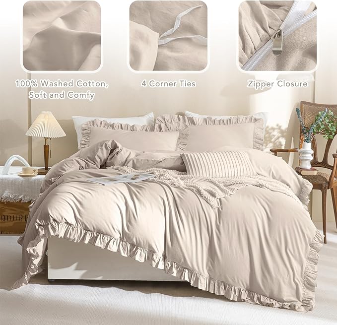 QSH Beige Khaki Ruffle Duvet Cover Queen Size Washed Cotton - Image 2
