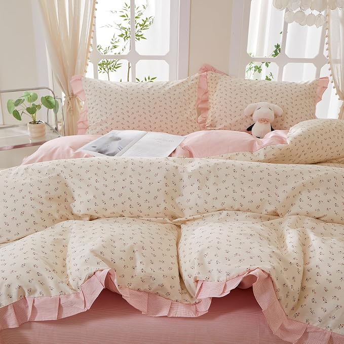 mixinni Pink Floral Duvet Cover Set Queen Size – 100% Cotton Ruffle Lace Bedding - Image 6