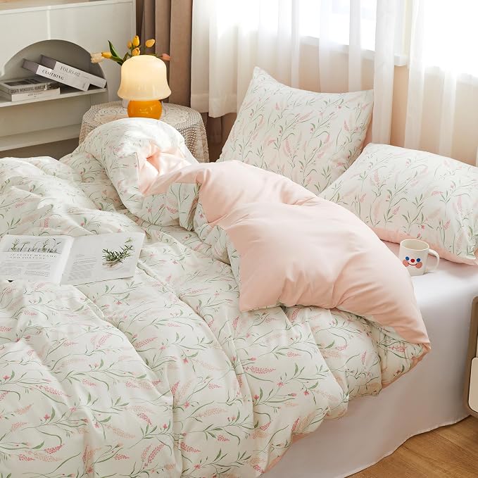 BOLINLIVING Pink Floral Duvet Cover Queen Size, Reversible Botanical Spring - Image 4