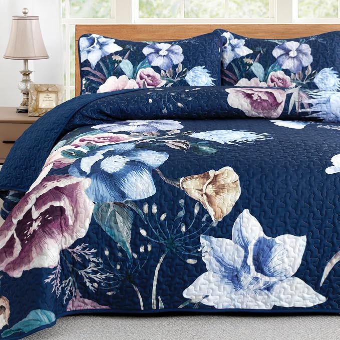 Drucon Blue Floral Quilt Set King Size 3 Pieces Blue Botanical Flower Quilt - Image 5