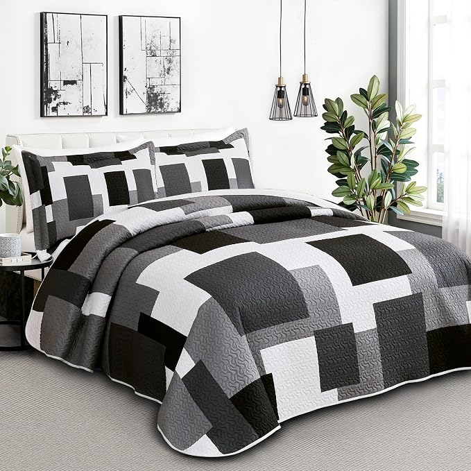 Tyrot 3 Piece Black Grey Quilt Set King Size Black White Gray Geometric - Image 2