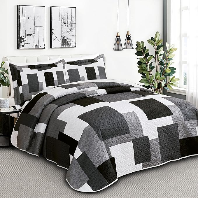 Tyrot 3 Piece Black Grey Quilt Set Full/Queen Size Black White Geometric - Image 2