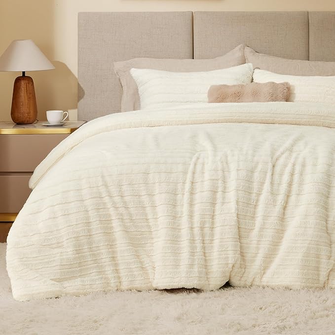 BEDELITE Fleece Queen Comforter Set -Super Soft & Warm Fluffy Cream White Faux by BEDELITE