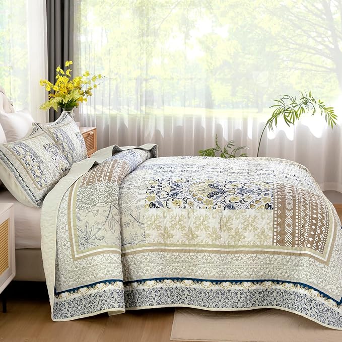 WONGS BEDDING Boho Quilt Set Queen, 3 Pieces Beige Patchwork Bedspread Coverlet - Image 3